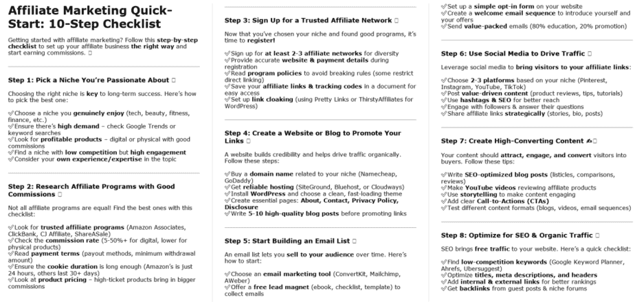10 Affiliate Marketing For Beginners PLR Checklists Sample