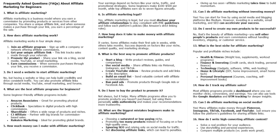 10 Affiliate Marketing For Beginners PLR FAQ Sample
