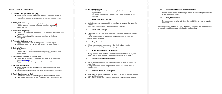 Face Care Checklist
