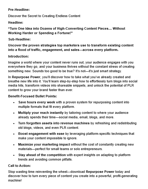 Repurpose Power PLR Sales Copy Screenshot
