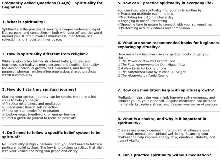 10 Spirituality for Beginners PLR FAQ Sample