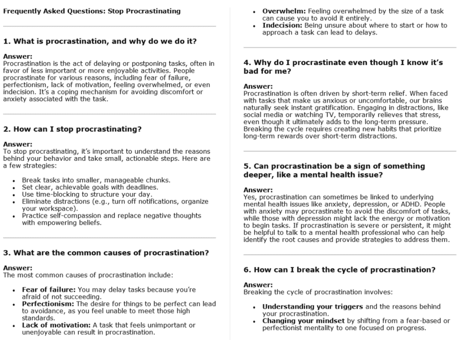 10 Stop Procrastinating PLR FAQ Sample