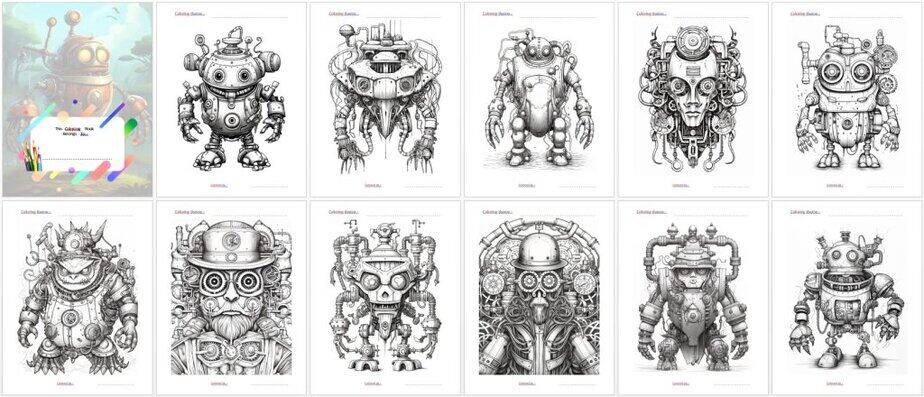 Steampunk Monster Robot Adult PLR Coloring Book Sample