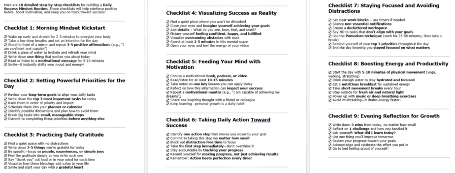 10 Success Mindset PLR Checklists Sample