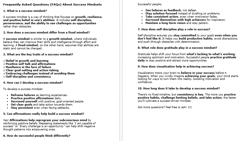 10 Success Mindset PLR FAQ Sample