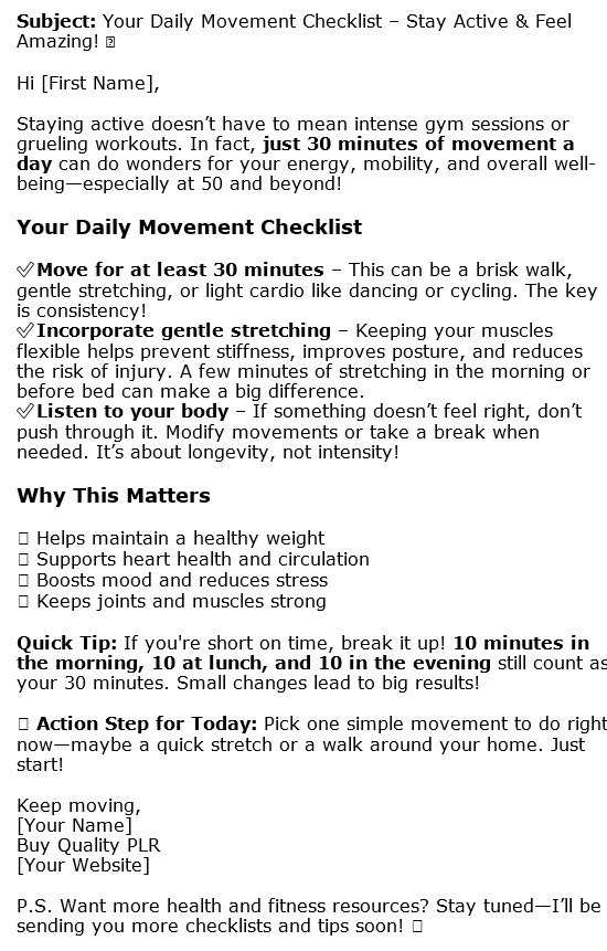 10 Training and Staying Fit at 50+ PLR Autoresponder Sample
