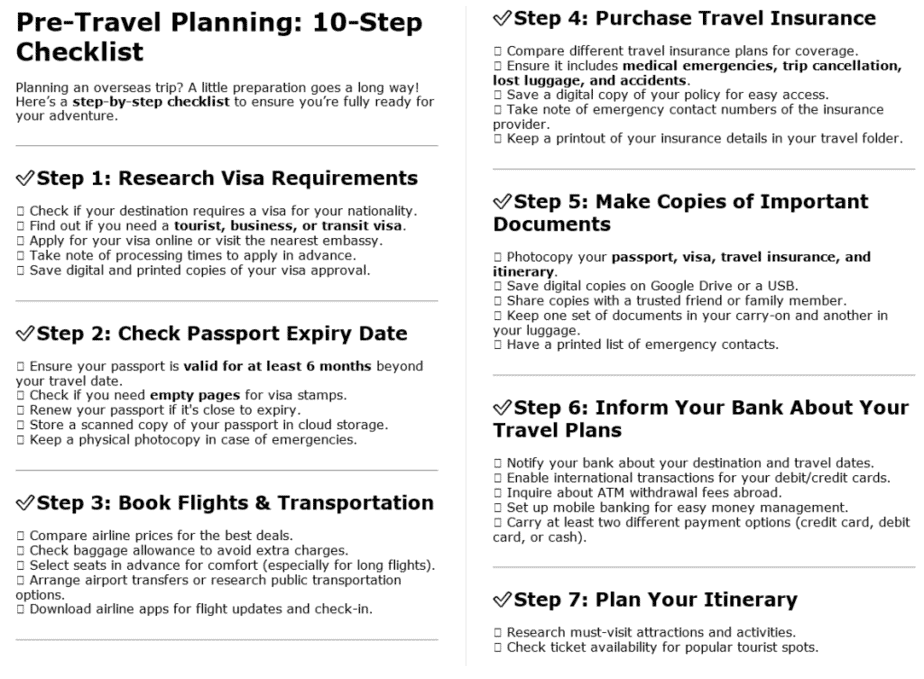 10 Traveling Overseas PLR Checklists Sample