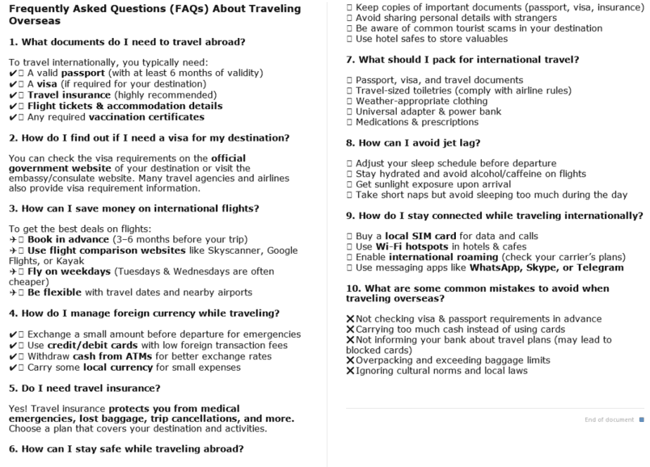 10 Traveling Overseas PLR FAQ Sample