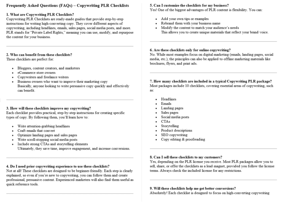 10 Copywriting PLR FAQ Sample