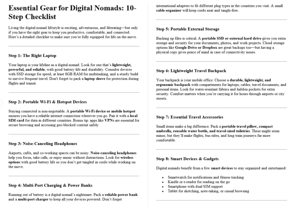 10 Digital Nomad Lifestyle PLR Checklists Sample