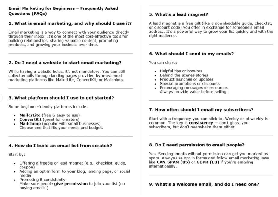 10 Email Marketing For Beginners PLR FAQ Sample