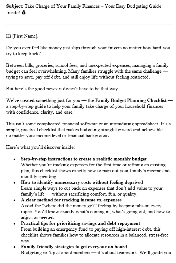 10 Family Finances PLR Checklists PLR Autoresponders Sample