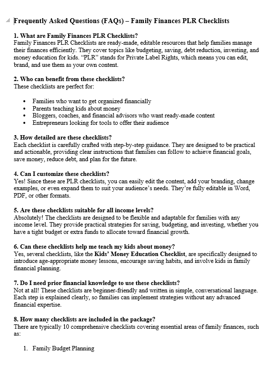 10 Family Finances PLR Checklists PLR FAQ Sample