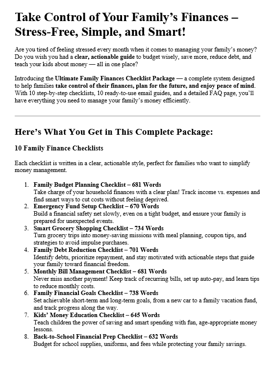 10 Family Finances PLR Checklists PLR Salespage Sample