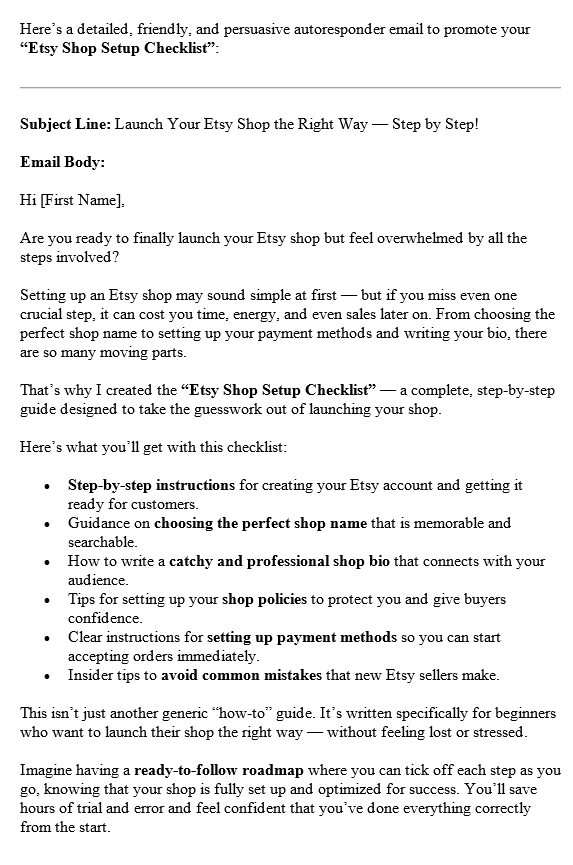 Selling On Esty PLR Autoresponder Sample