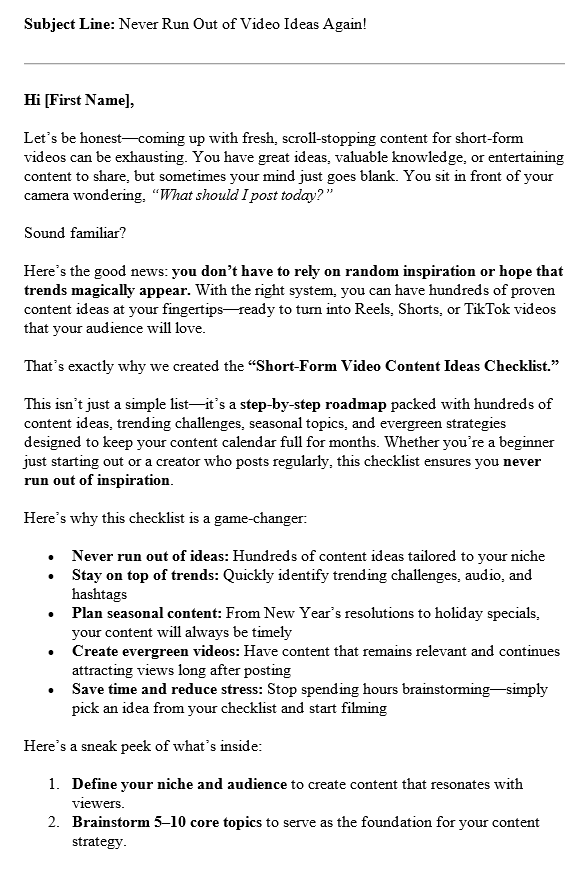 Short Form Video Marketing PLR Autoresponder Sample