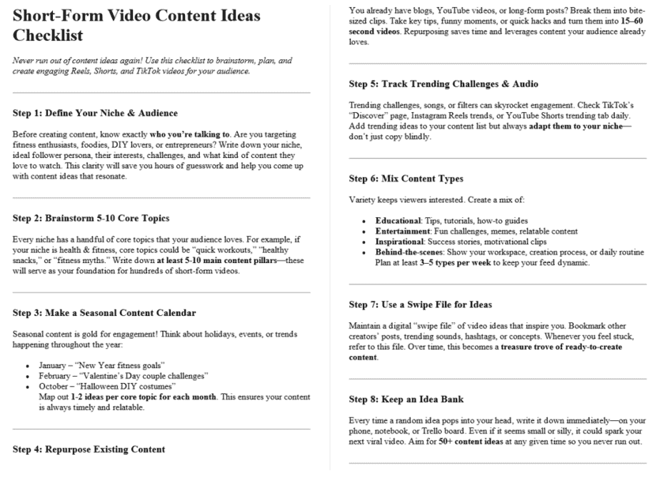 Short Form Video Marketing PLR Checklists Sample