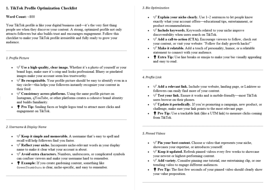 TikTok Marketing PLR Checklists Sample