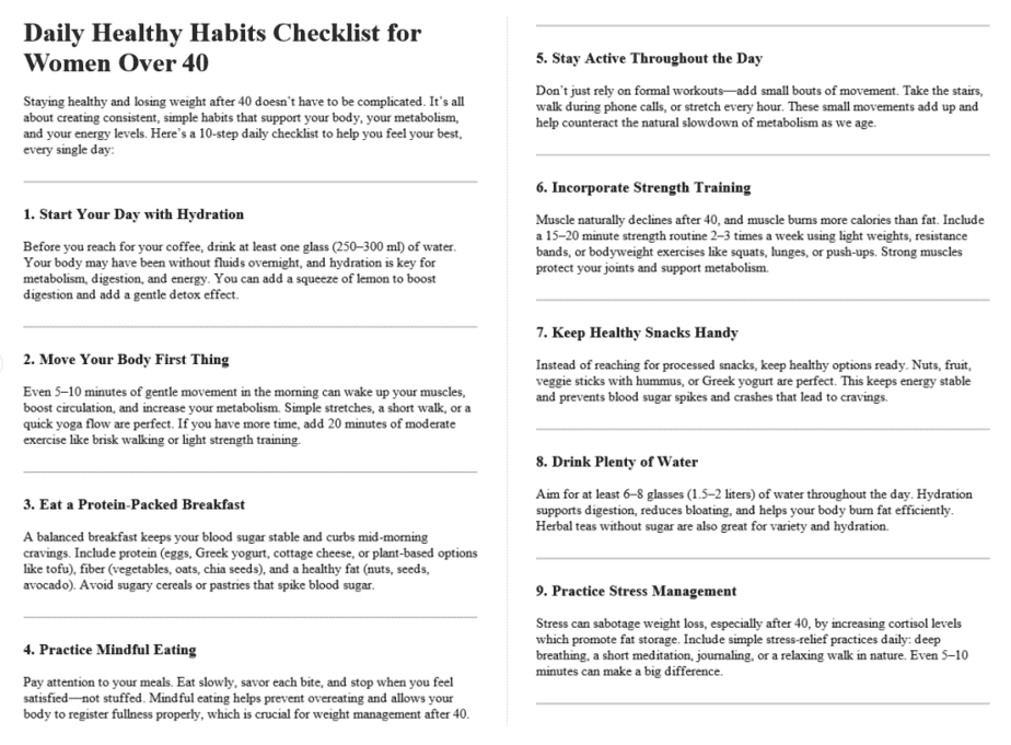 Weight Loss for Women Over 40 PLR Checklists Sample