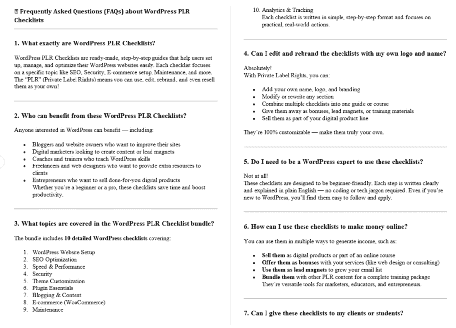 WordPress PLR FAQ Sample