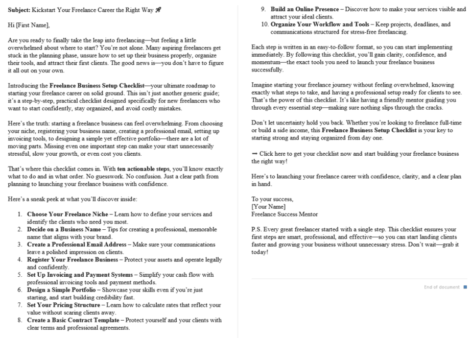 Freelancing Success Improvement PLR Autoresponder Sample