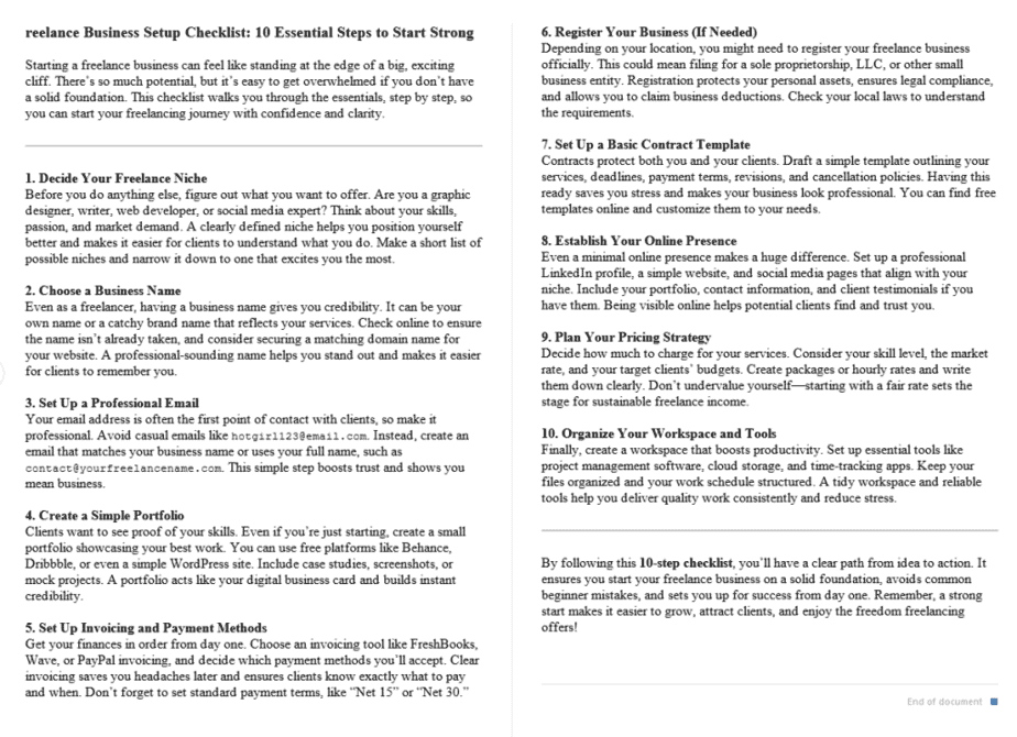 Freelancing Success Improvement PLR Checklists Sample