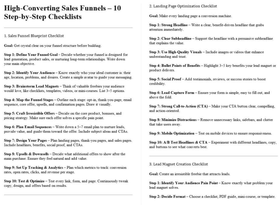 High Converting Sales Funnels PLR Checklists Sample