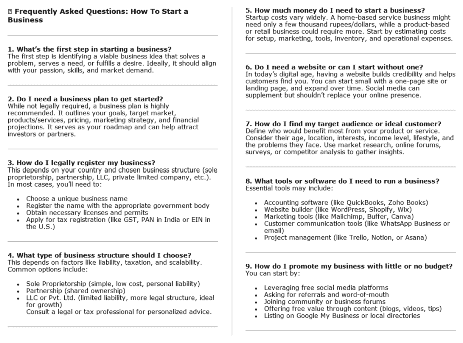 How To Start A Business PLR FAQ Sample