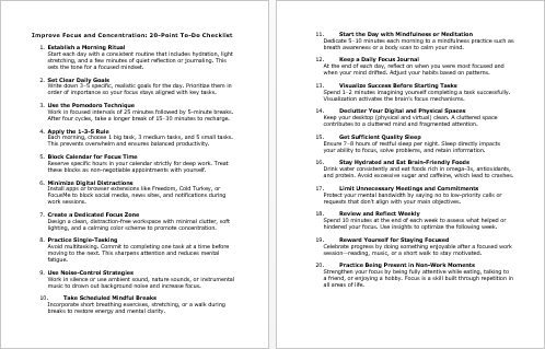 Improve Focus and Concentration Checklist