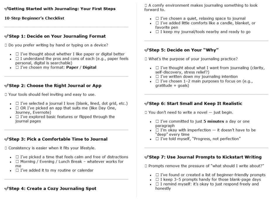 Journaling for Beginners PLR Checklists Sample