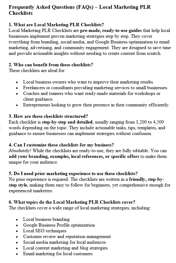 Local Marketing PLR FAQ Sample