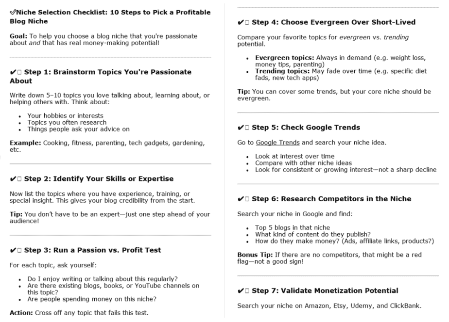 Make Money Blogging PLR Checklists Sample