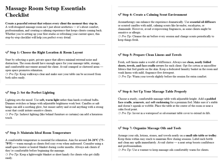 Massage Therapy PLR Checklists Sample