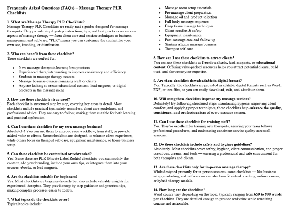 Massage Therapy PLR FAQ Sample