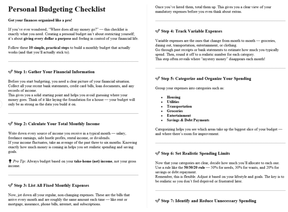 Money and Finance PLR Checklists Sample