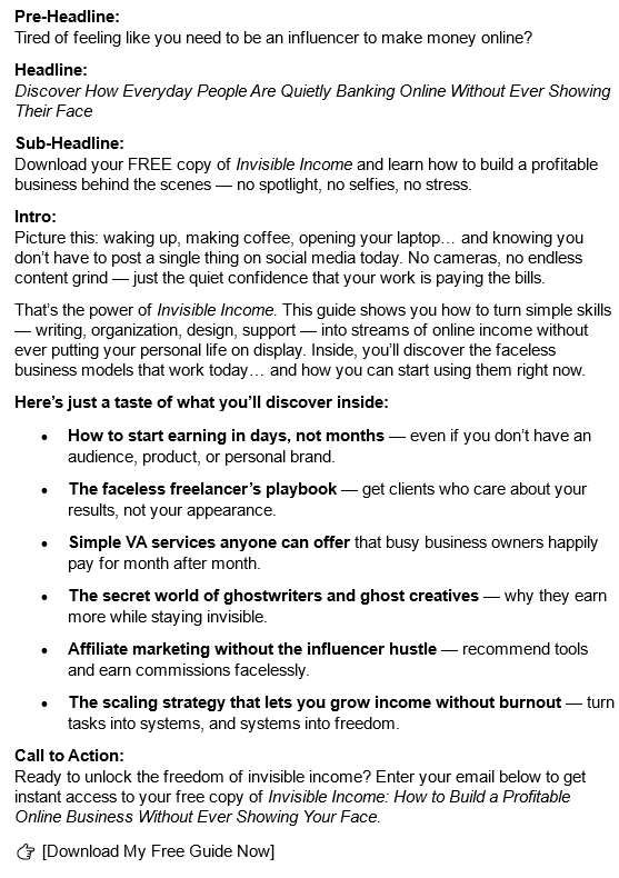 Invisible Income PLR Lead Magnet Salescopy