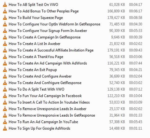 List Building How To Videos- Screenshot of video titles and video lengths