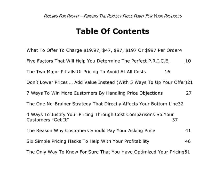 Pricing For Profit Coaching Course PLR Table Of Contents