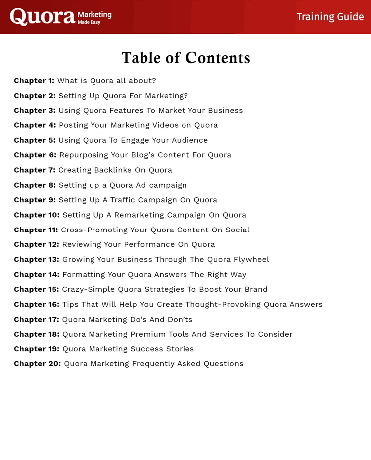 Quora Marketing Made Easy Table Content