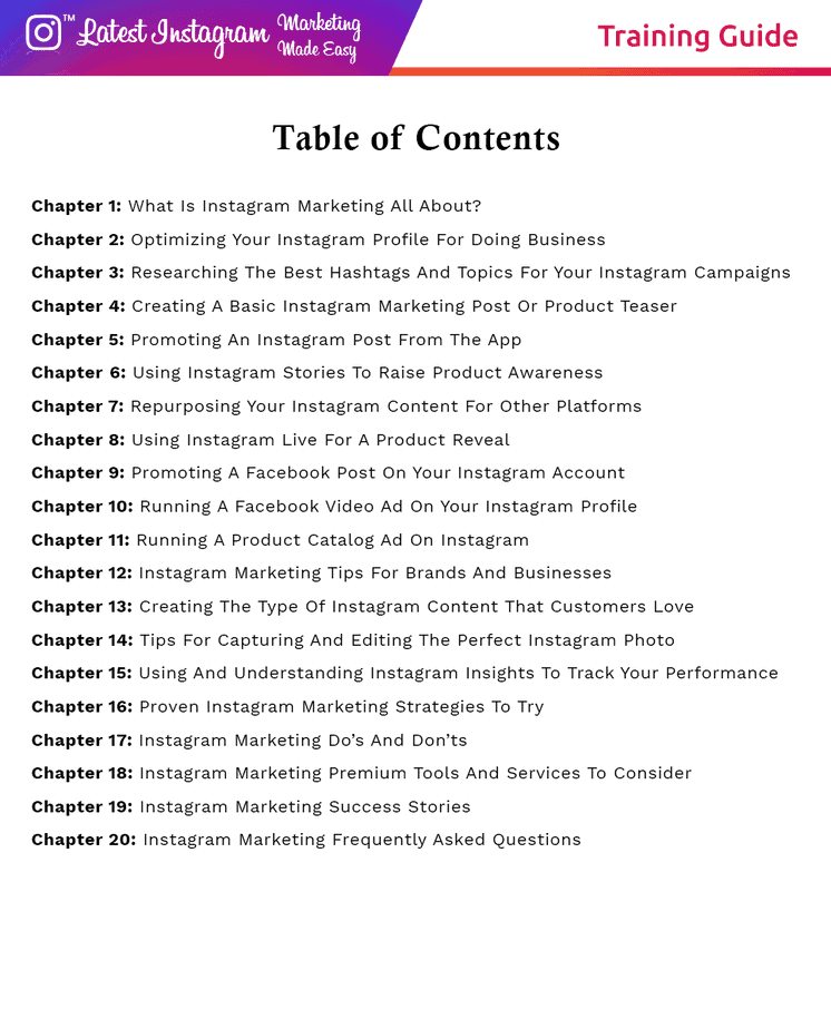 Latest Instagram Marketing Made Easy Table Content