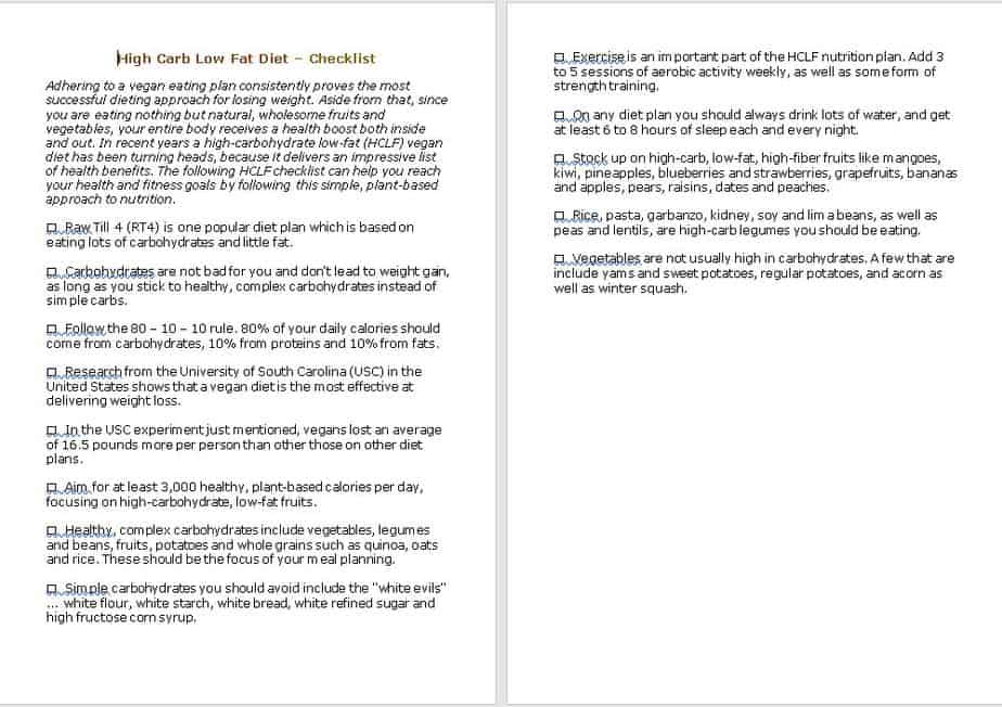 High Carb Low Fat Checklist