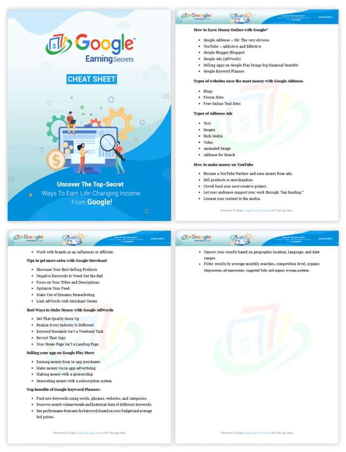Google Earning Secrets PLR Sales Funnel Cheatsheet Screenshot