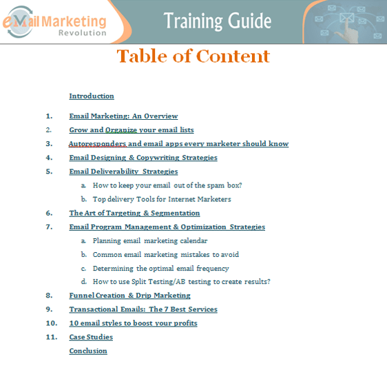 Email Marketing Revolution PLR Sales Funnel Table of Contents
