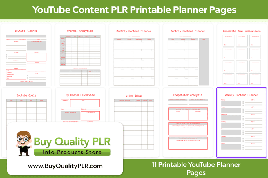 YouTube Content PLR Printable Planner Pages