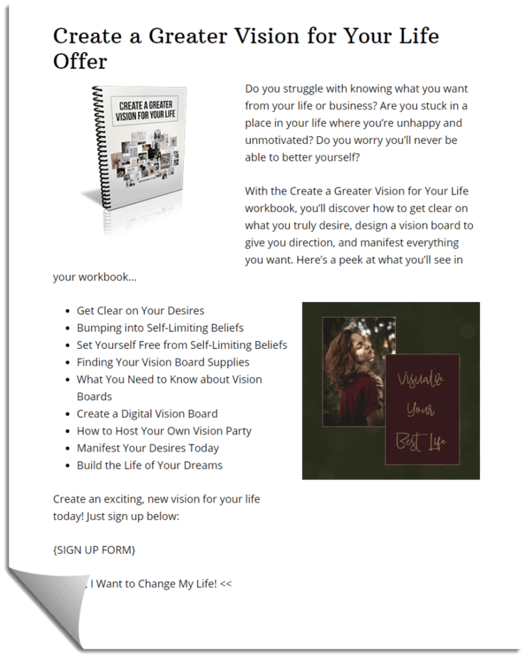 Create a Greater Vision for Your Life Optin Copy